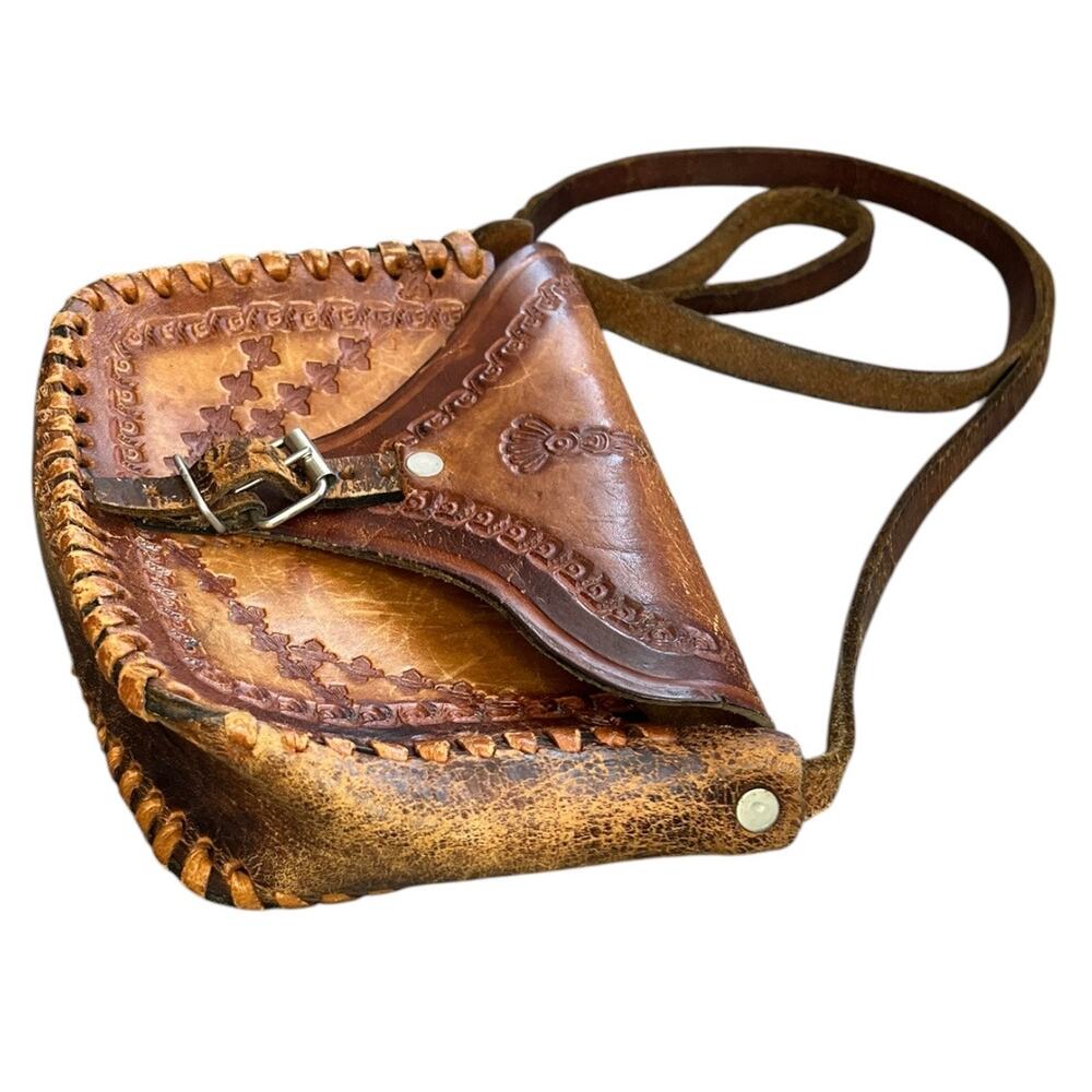 Vintage brown Tooled Leather Crossbody Bag boho retro western purse handcrafted - Picture 3 of 7